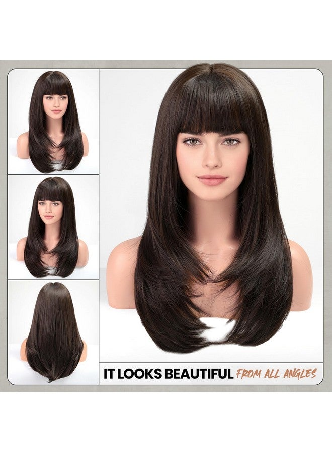 Dark Brown Wig With Bangs For Women Long Straight Layered Wigs Synthetic Layered Hairstyle For Girls Party Cosplay And Daily Use(26" Dark Brown)