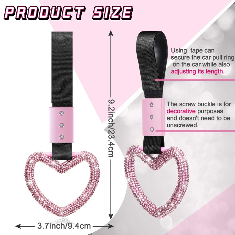 Fabbay Bling Car Accessories Bling Heart Handle Ring Car Accessory for Women Hand Strap Drift Charm Rear Bumper Warning Ring Decor for auto Bus Interior Exterior Decoration (Pink, Heart Style) - Image 2