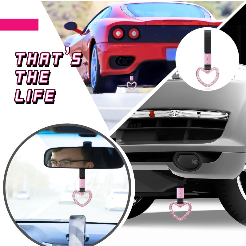 Fabbay Bling Car Accessories Bling Heart Handle Ring Car Accessory for Women Hand Strap Drift Charm Rear Bumper Warning Ring Decor for auto Bus Interior Exterior Decoration (Pink, Heart Style) - Image 5