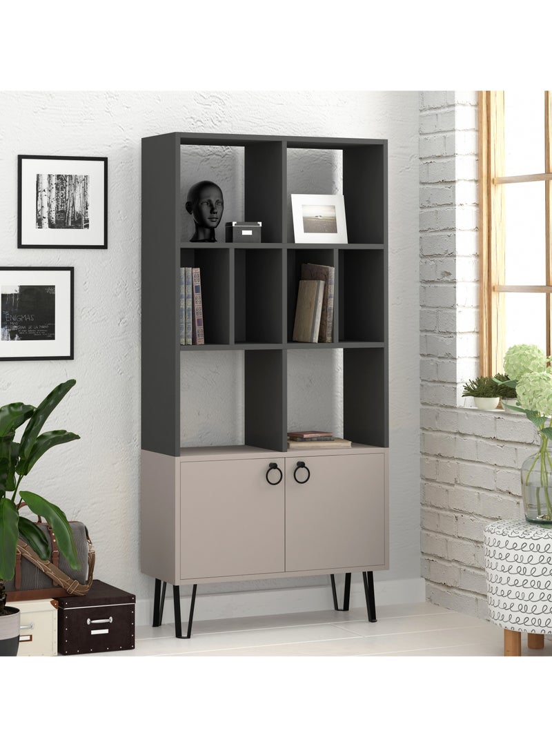Mourah Home Bene Bookcase, Modern Book shelf Cabinet 2 Tier With 2 Door, Multi Storage Bookshelf Rack With Metal Legs, Display Cabinet - 30.0 x 166.0 x 80.0cm- Dark Grey/Light Mocha - Image 1