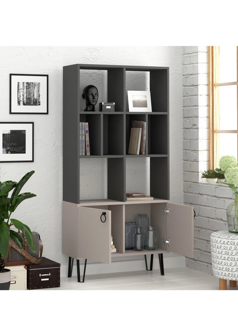 Mourah Home Bene Bookcase, Modern Book shelf Cabinet 2 Tier With 2 Door, Multi Storage Bookshelf Rack With Metal Legs, Display Cabinet - 30.0 x 166.0 x 80.0cm- Dark Grey/Light Mocha - Image 2