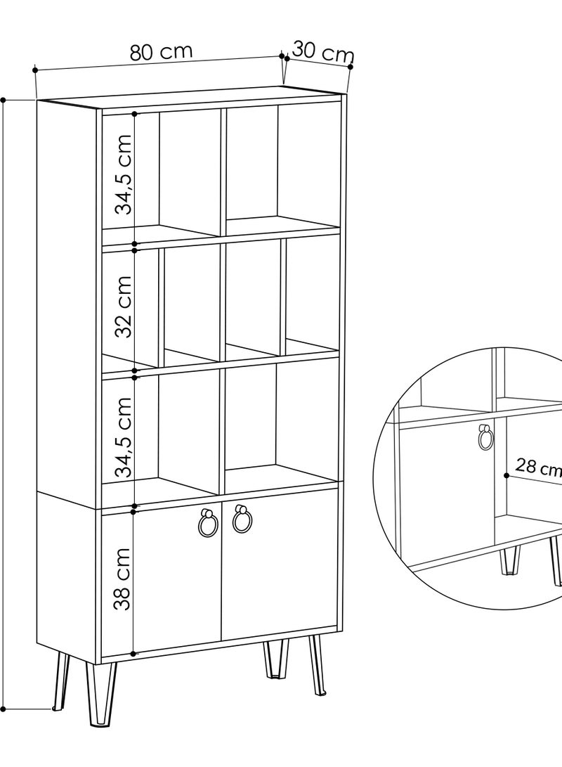 Mourah Home Bene Bookcase, Modern Book shelf Cabinet 2 Tier With 2 Door, Multi Storage Bookshelf Rack With Metal Legs, Display Cabinet - 30.0 x 166.0 x 80.0cm- Dark Grey/Light Mocha - Image 3