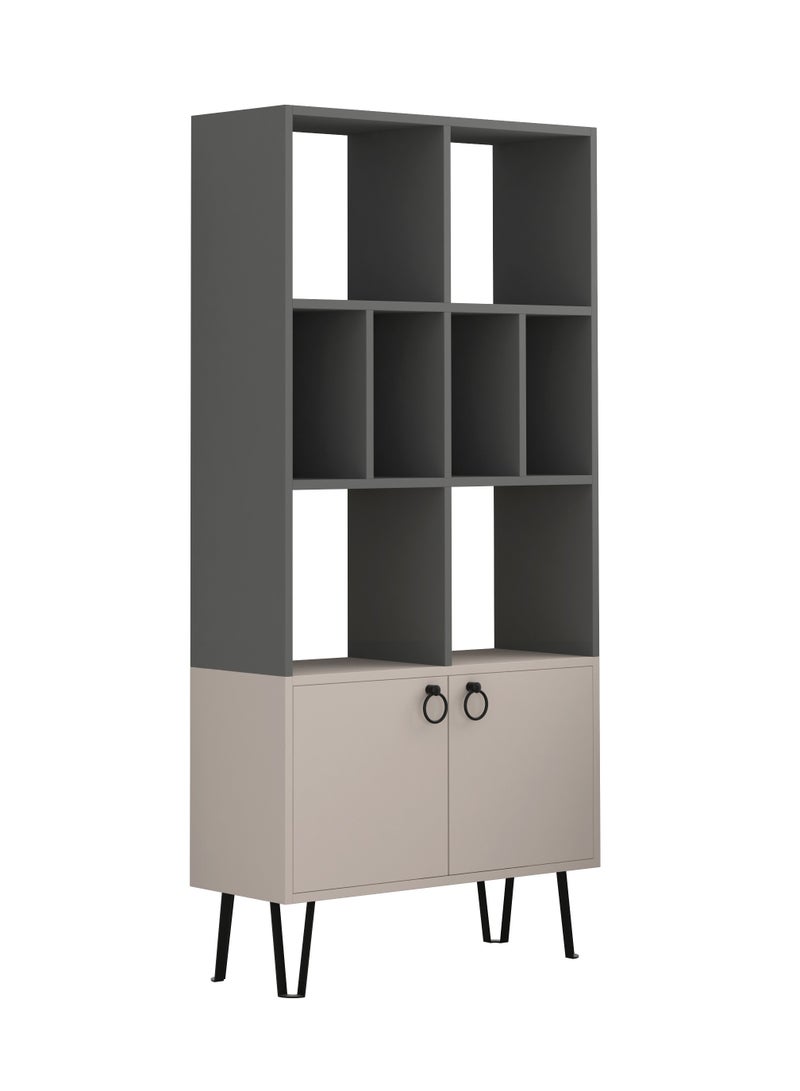 Mourah Home Bene Bookcase, Modern Book shelf Cabinet 2 Tier With 2 Door, Multi Storage Bookshelf Rack With Metal Legs, Display Cabinet - 30.0 x 166.0 x 80.0cm- Dark Grey/Light Mocha - Image 4