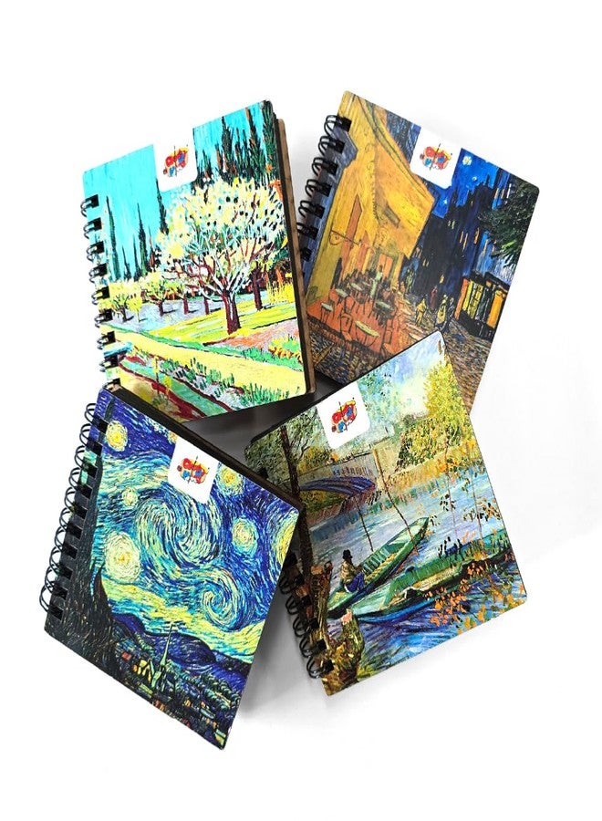 The Crafthives Mini Travel Sketch Book Set of 4 | Van Gogh Wooden Cover Edition | Black Pages Artist Sketchbook | Pocket Drawing Journal for Artists, Travel & Gifting - Image 1