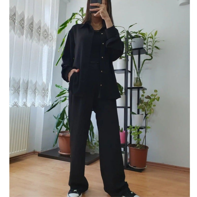 2024 Womens Casual Solid Loose Top and Wide Leg Pants Set Blue A245 - Image 2