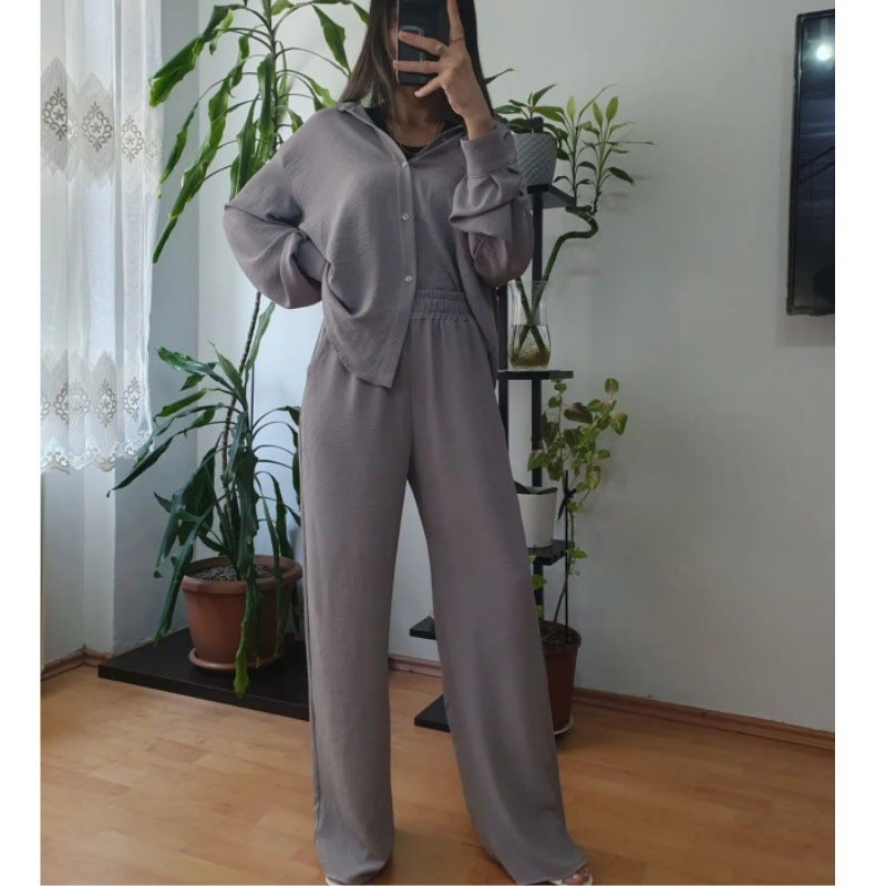2024 Womens Casual Solid Loose Top and Wide Leg Pants Set Blue A245 - Image 4