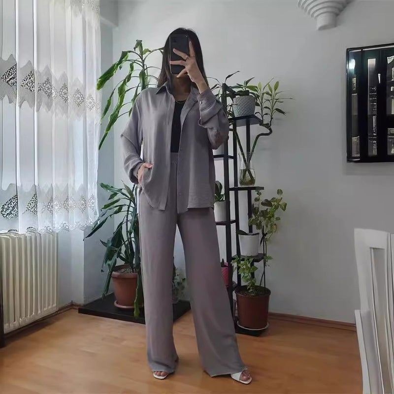 2024 Womens Casual Solid Loose Top and Wide Leg Pants Set Blue A245 - Image 5