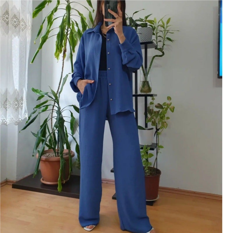 2024 Womens Casual Solid Loose Top and Wide Leg Pants Set Blue A245 - Image 3