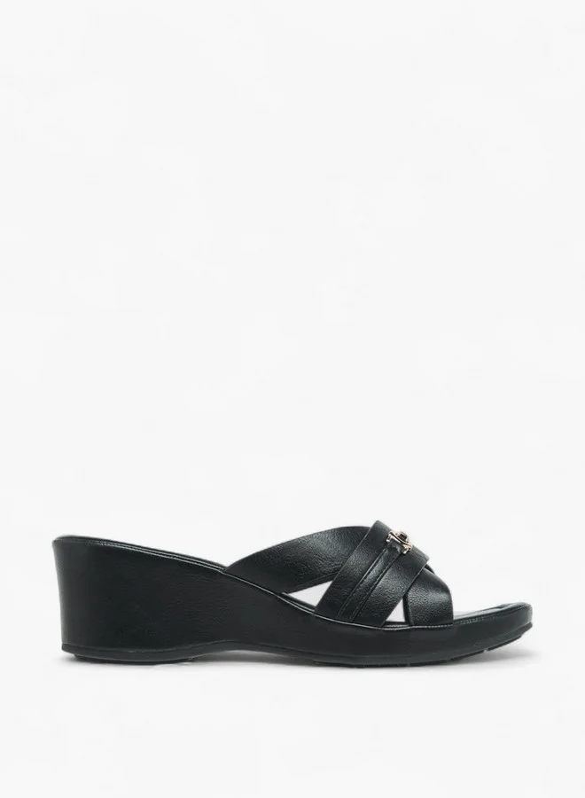Flora Bella By Shoexpress Metal Accent Slip-On Sandals with Wedge Heels