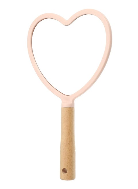 Portable Handheld Cosmetic Mirror, Heart Shaped Wood Handle Vanity Makeup Mirror, Pink