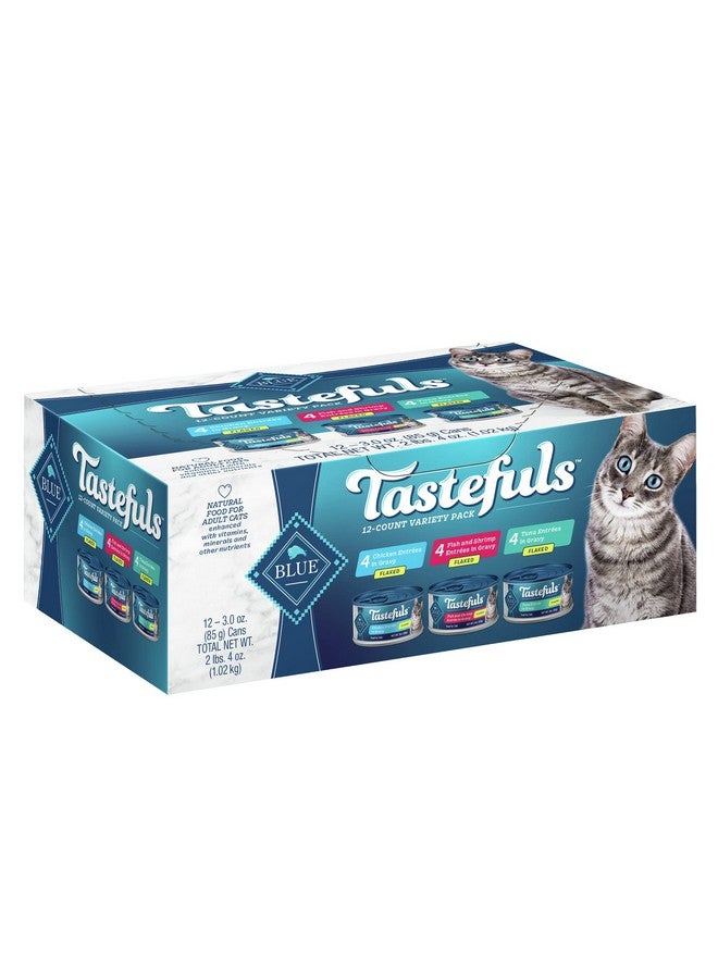 بلو بافلو مجموعة متنوعة من الأطعمة الرطبة للقطط من شركة تاستفولز، مصنوعة من مكونات طبيعية | تونة ودجاج وسمك وجمبري، عبوات سعة 3 أونصات (12 عبوة، 4 عبوات من كل نوع) - Image 1
