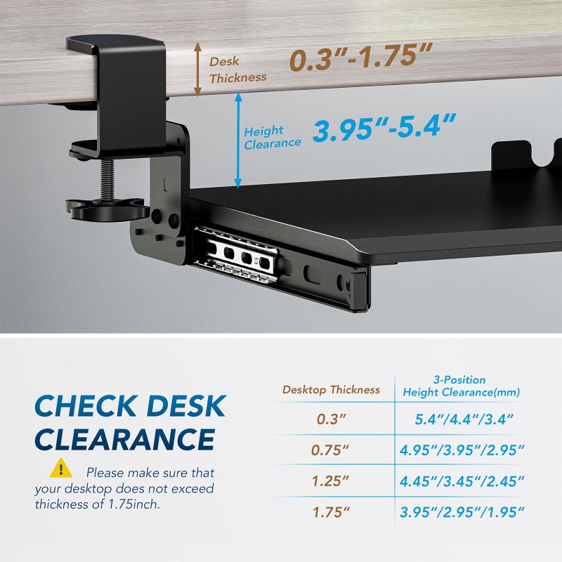 AX WABER Keyboard Tray Under Desk Pull Out with 3 Height Adjustable Extra Sturdy C Clamp Mount System, 32.8 (38 inch Including Clamps) x 12 Inch Slide-Out Platform Computer Drawer for Typing - Image 4