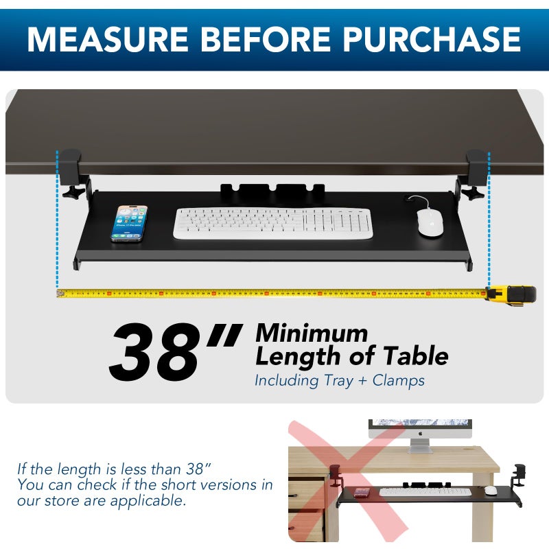 AX WABER Keyboard Tray Under Desk Pull Out with 3 Height Adjustable Extra Sturdy C Clamp Mount System, 32.8 (38 inch Including Clamps) x 12 Inch Slide-Out Platform Computer Drawer for Typing - Image 5