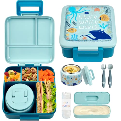 JXXM Bento Lunch Box for Kids with 8oz Soup ThermoLeakProof Lunch Containers with 5 CompartmentThermo Food Jar Food Containers for School BlueOctopus - Image 1