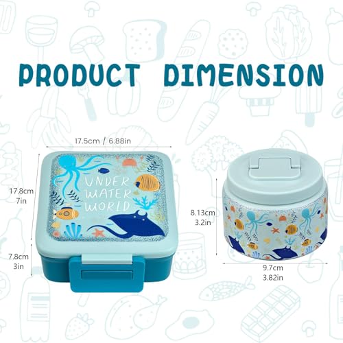 JXXM Bento Lunch Box for Kids with 8oz Soup ThermoLeakProof Lunch Containers with 5 CompartmentThermo Food Jar Food Containers for School BlueOctopus - Image 3