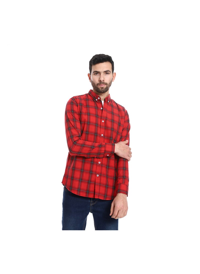 Pavone Turn Down Collar Plaid Pattern Shirt - Red & Black  - Image 3