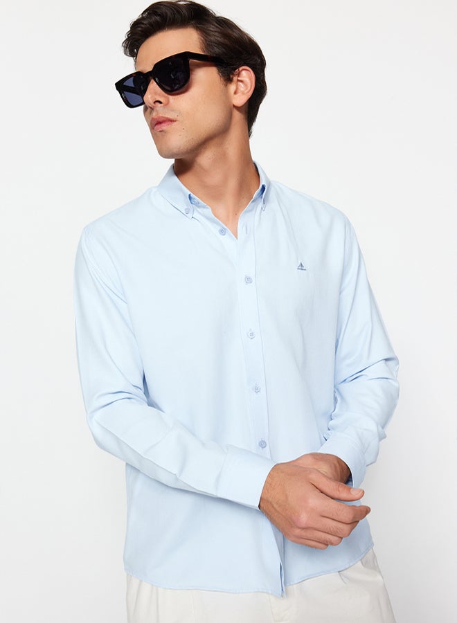 trendyol Blue Regular Fit Embroidered Detail Easy Iron Smart Shirt - Image 3