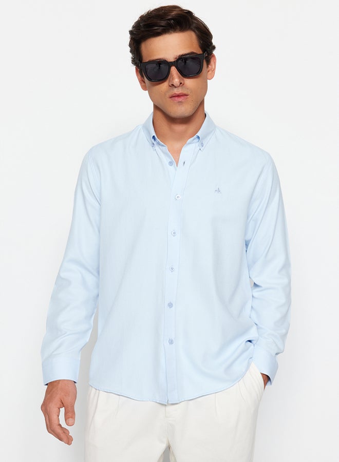 trendyol Blue Regular Fit Embroidered Detail Easy Iron Smart Shirt - Image 4