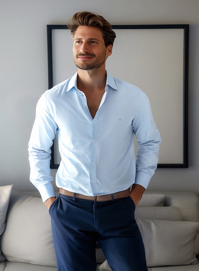 trendyol Blue Regular Fit Embroidered Detail Easy Iron Smart Shirt - Image 1