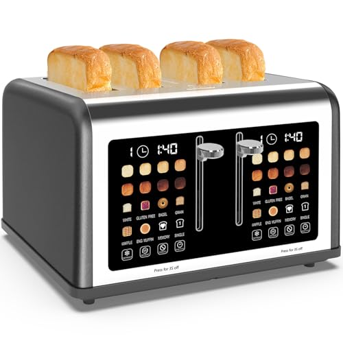 Clixane 4 Slice Toaster Touch Screen, Stainless Steel Toasters Digital Timer, Dual Control Panel Toasters, 8 Shade Settings 6 Bread Types for Bagel, Cancel, Defrost 1650W Grey - Image 1