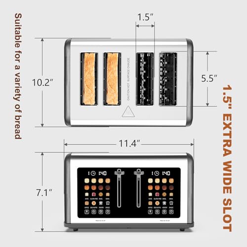 Clixane 4 Slice Toaster Touch Screen, Stainless Steel Toasters Digital Timer, Dual Control Panel Toasters, 8 Shade Settings 6 Bread Types for Bagel, Cancel, Defrost 1650W Grey - Image 3
