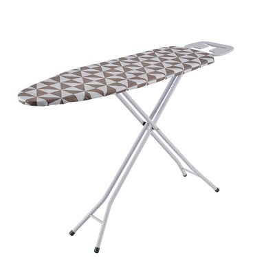 Cuisine Art GABY Ironing Board 33x110cm | Foldable Iron Stand Mesh Top & TC Fabric Cover White Frame | Adjustable Height for Home Laundry Room Use Professional Use Brown & White Geometric Design