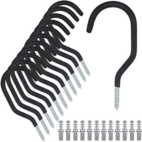 KURUI Heavy Duty Screw in Hooks for Hanging, 12 Pack Bike Hooks for Garage Wall with Screw Anchors, Wall Mount Bicycle Storage for Ceiling, Large Black Plant Hooks for Ceiling - Image 1