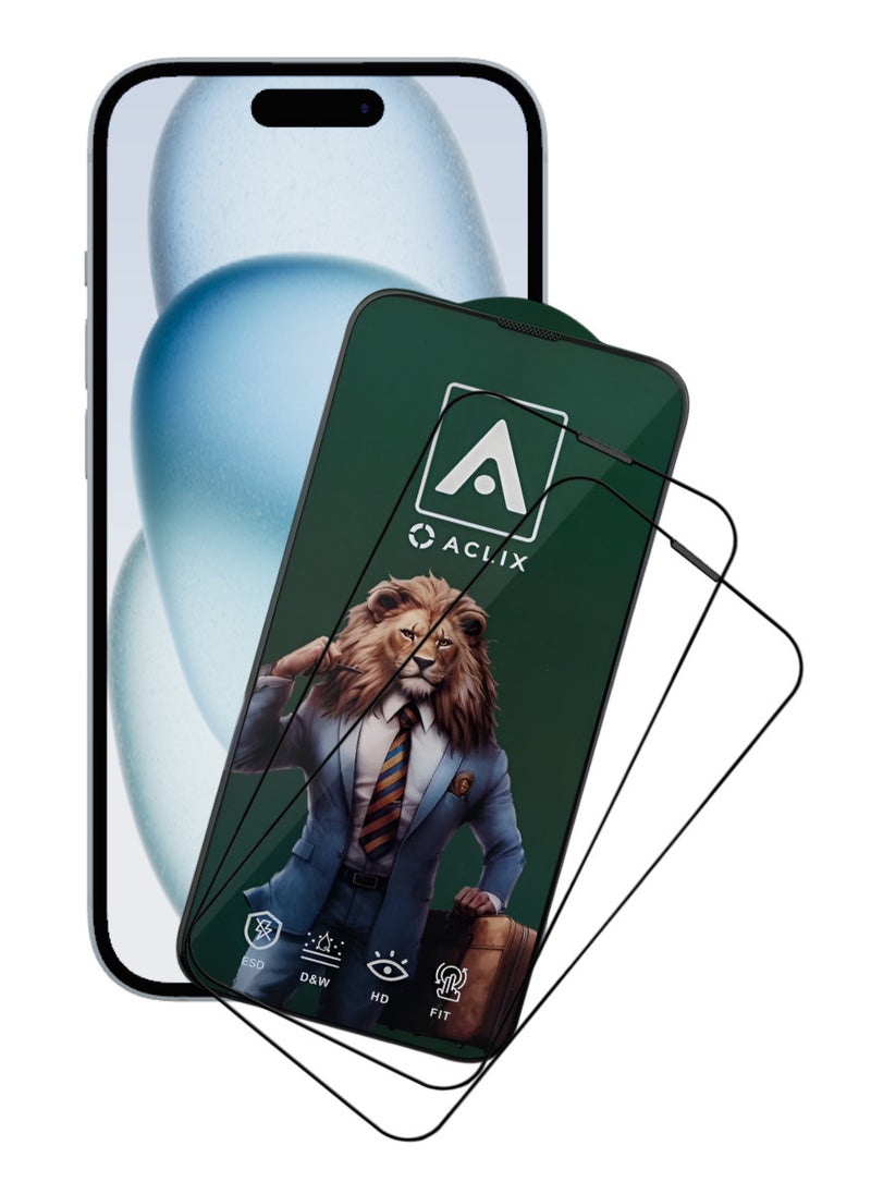ACLIX 2 Pieces Antistatic ESD Dustproof Premium Quality High Definition Tempered Glass Screen Protector Designed For  iPhone 15 - Image 1