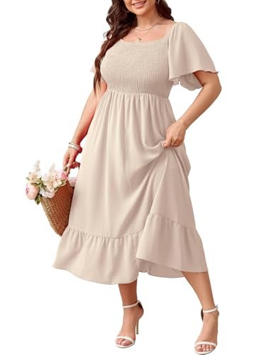 SCOMCHIC Women's Plus Size Summer Dress Casual Short Sleeve Scoop Neck Maxi Dress Smocked Ruffle Boho Flowy Long Dresses Beige - Image 1