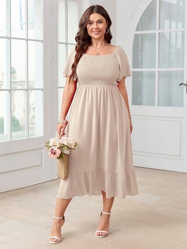 SCOMCHIC Women's Plus Size Summer Dress Casual Short Sleeve Scoop Neck Maxi Dress Smocked Ruffle Boho Flowy Long Dresses Beige - Image 5