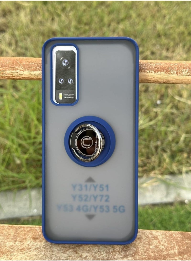 JAJEEK Vivo Y31 / Y51 / Y52 / Y72 / Y53 Case – Camera Protection Thin Translucent Matte Back Cover with 360° Rotational Car Mount Magnetic Ring Holder Case (Blue) – Shockproof, Durable, and Stylish - Image 3