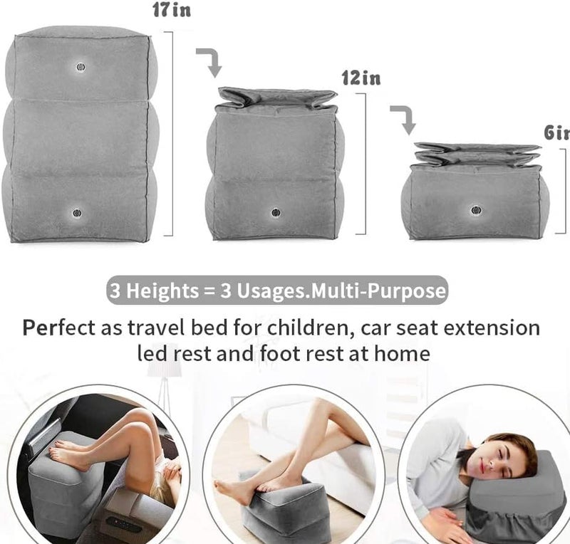 SKOFRI Inflatable Foot Rest Pillow Airplane Footrest for Kids Adjustable Height Travel Pillow On Airplanes Cars Travel Office Home Toddler Airplane Travel Essentials Grey 1 Pack - Image 2