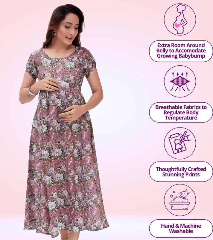 RITIJYA Feeding Kurtis for Women with Zip | Maternity Gown Pregnancy Dress in Poly Viscose for Nursing Mothers | Maternity Wear Feeding Dress Tops(L,Pink, 9025_40) - Image 3