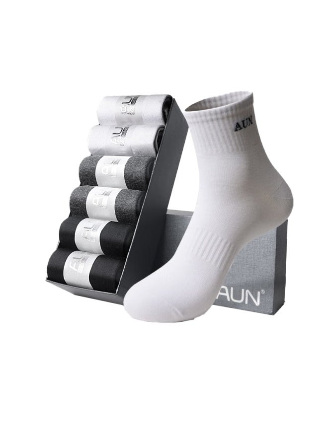 Aun Men's Athletic Antibacterial Deodorant Mid-calf Socks, Xinjiang Long-staple Cotton, Shock Absorption, Non-slip, Antibacterial, Deodorizing, 6 Pairs Black
