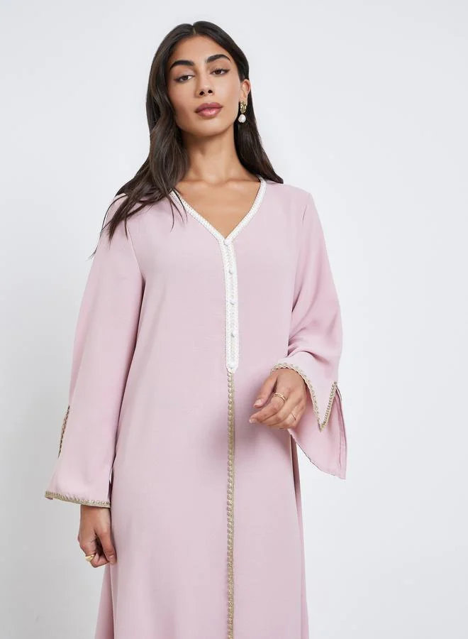 Amirah  Pink Crepe Jalabiya with Lace Insert for Women | Best Price UAE