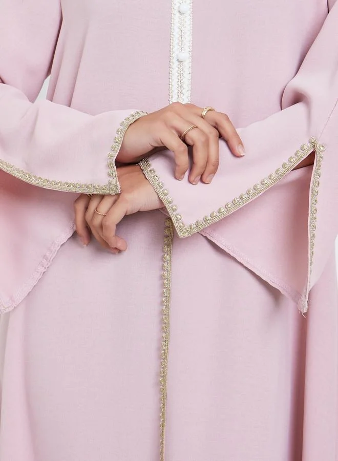Amirah  Pink Crepe Jalabiya with Lace Insert for Women | Best Price UAE
