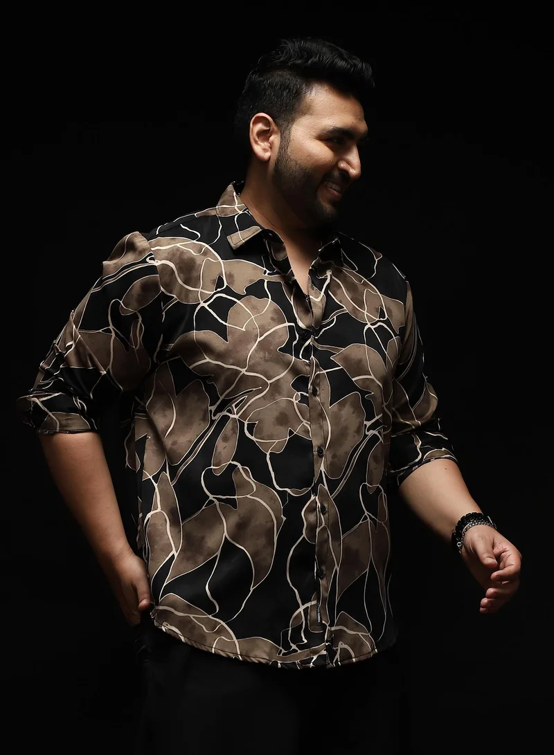 انستافاب بلس Instafab Plus Men's Black & Brown Artistic-Foliage Lined Imrprint Shirt | Spread Collar , Long Sleeves , Button Closure , Curved Hemline | Botanical-Print Plain Polyester For Street & Casual Wear