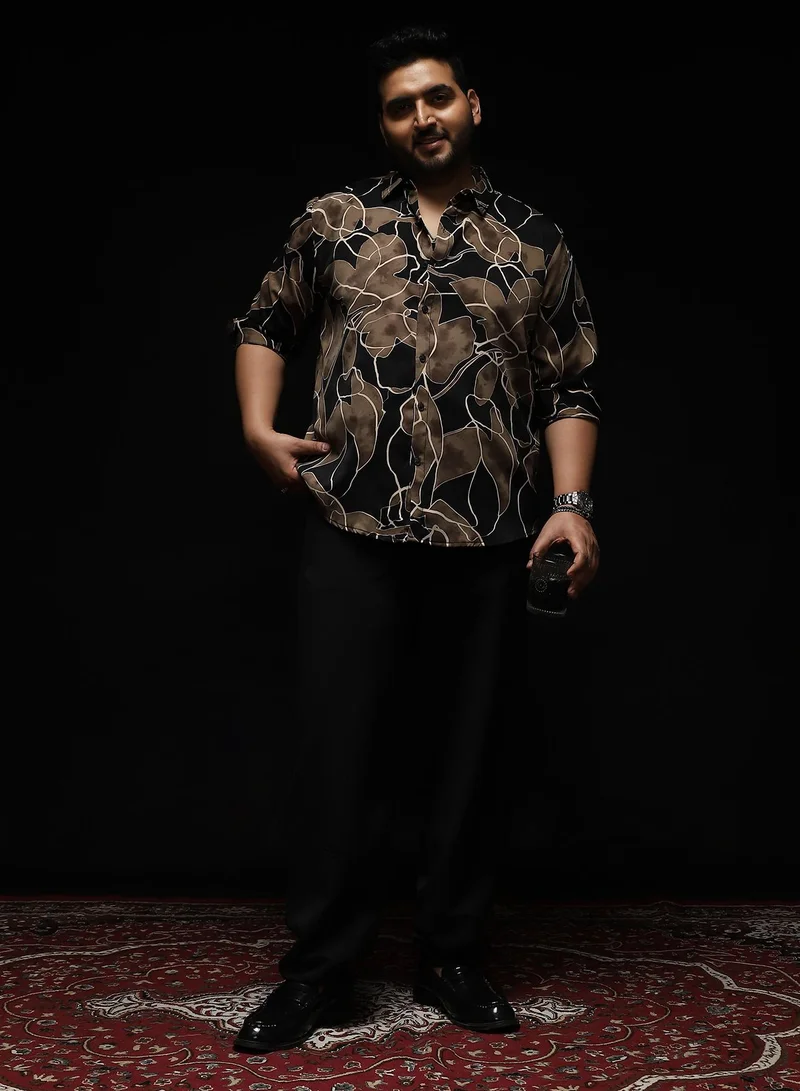 انستافاب بلس Instafab Plus Men's Black & Brown Artistic-Foliage Lined Imrprint Shirt | Spread Collar , Long Sleeves , Button Closure , Curved Hemline | Botanical-Print Plain Polyester For Street & Casual Wear