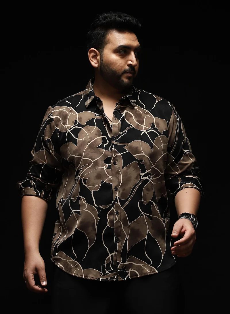 انستافاب بلس Instafab Plus Men's Black & Brown Artistic-Foliage Lined Imrprint Shirt | Spread Collar , Long Sleeves , Button Closure , Curved Hemline | Botanical-Print Plain Polyester For Street & Casual Wear