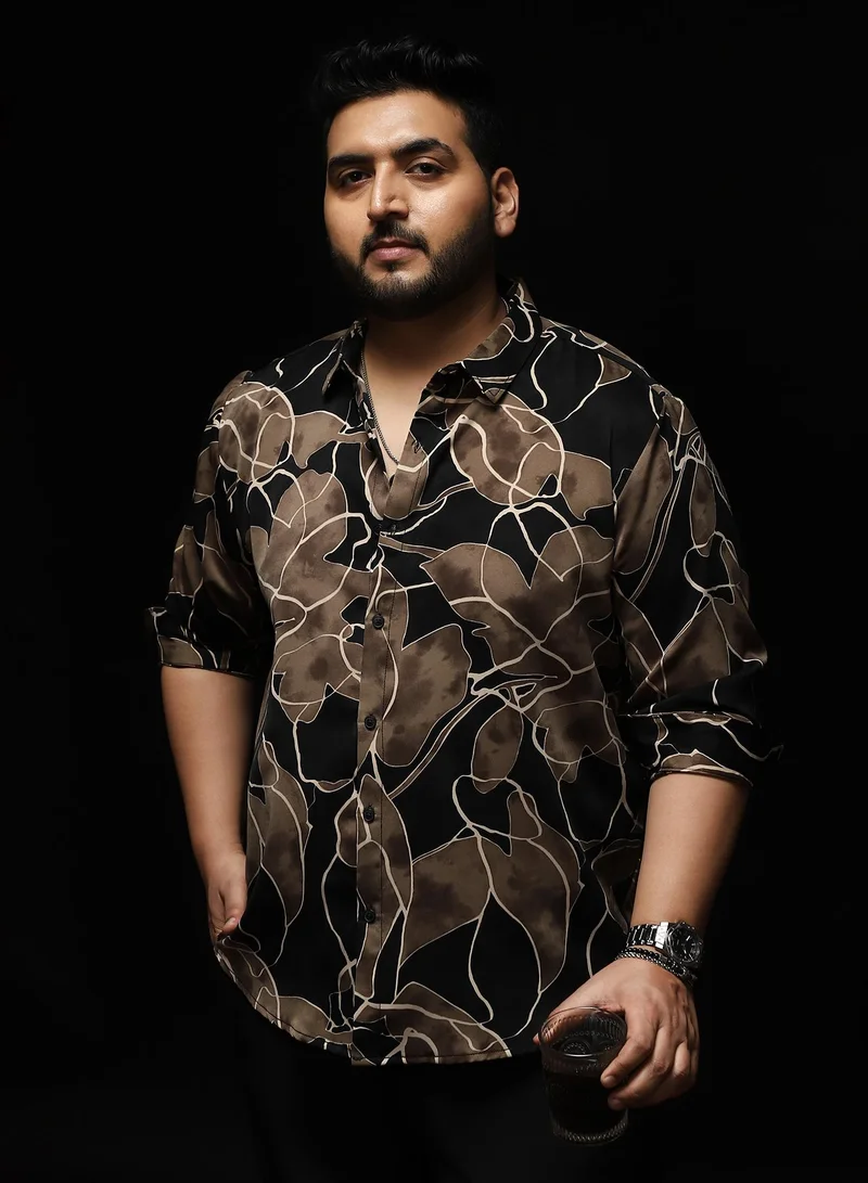 انستافاب بلس Instafab Plus Men's Black & Brown Artistic-Foliage Lined Imrprint Shirt | Spread Collar , Long Sleeves , Button Closure , Curved Hemline | Botanical-Print Plain Polyester For Street & Casual Wear