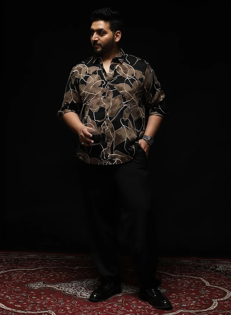 انستافاب بلس Instafab Plus Men's Black & Brown Artistic-Foliage Lined Imrprint Shirt | Spread Collar , Long Sleeves , Button Closure , Curved Hemline | Botanical-Print Plain Polyester For Street & Casual Wear