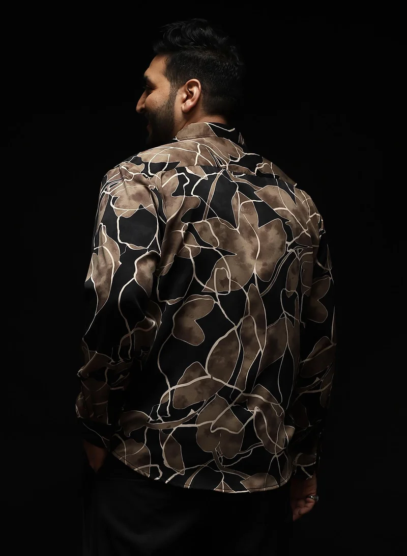 انستافاب بلس Instafab Plus Men's Black & Brown Artistic-Foliage Lined Imrprint Shirt | Spread Collar , Long Sleeves , Button Closure , Curved Hemline | Botanical-Print Plain Polyester For Street & Casual Wear