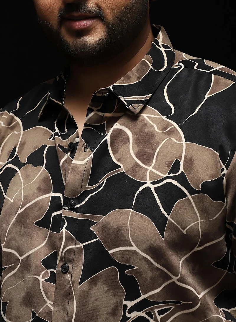 انستافاب بلس Instafab Plus Men's Black & Brown Artistic-Foliage Lined Imrprint Shirt | Spread Collar , Long Sleeves , Button Closure , Curved Hemline | Botanical-Print Plain Polyester For Street & Casual Wear