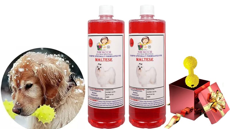 swacch Maltese Dog Shampoo + Dumbbell Toy I Durable Rubber Dog Toy for Chewing I Playing,Teeth Cleaning & Training Toy I Combo Pack I 1 Litre Pack of 2 Strawberry - Image 1