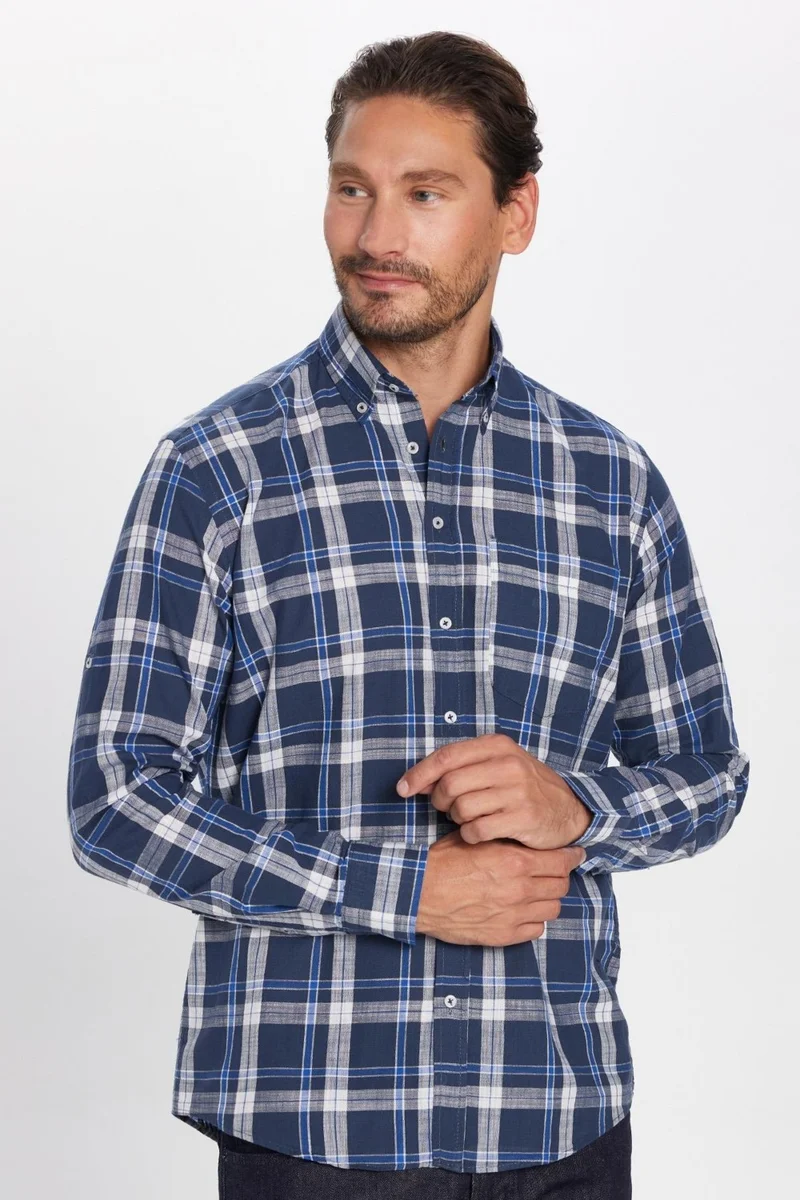 تودورس Men's Regular Fit Classic Cut 100% Cotton Linen Texture Single Pocket Checkered Button-Down Collar Shirt