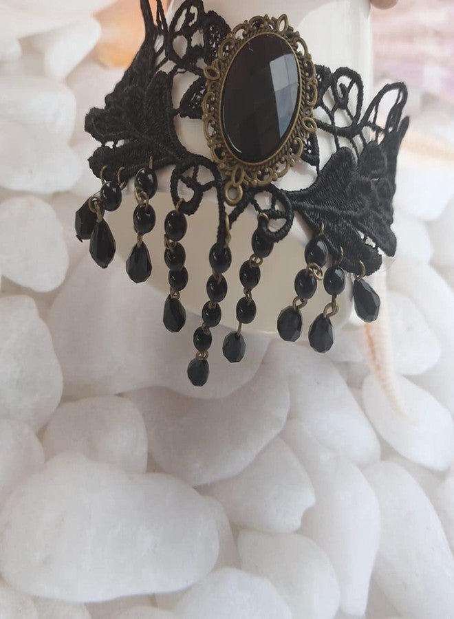 جيلوكيبو مجموعة جيلوكيبو من قطعتين، أسود وأبيض، بتصميم قطرة أنيقة، مستوحاة من الطراز القديم، بنمط أميرة، مزينة بالدانتيل، قوطية، بنمط قوطي، مع شرابة فيكتورية، وقلادة على شكل زهرة، وسلسلة عنق مصاص الدماء. - Image 5