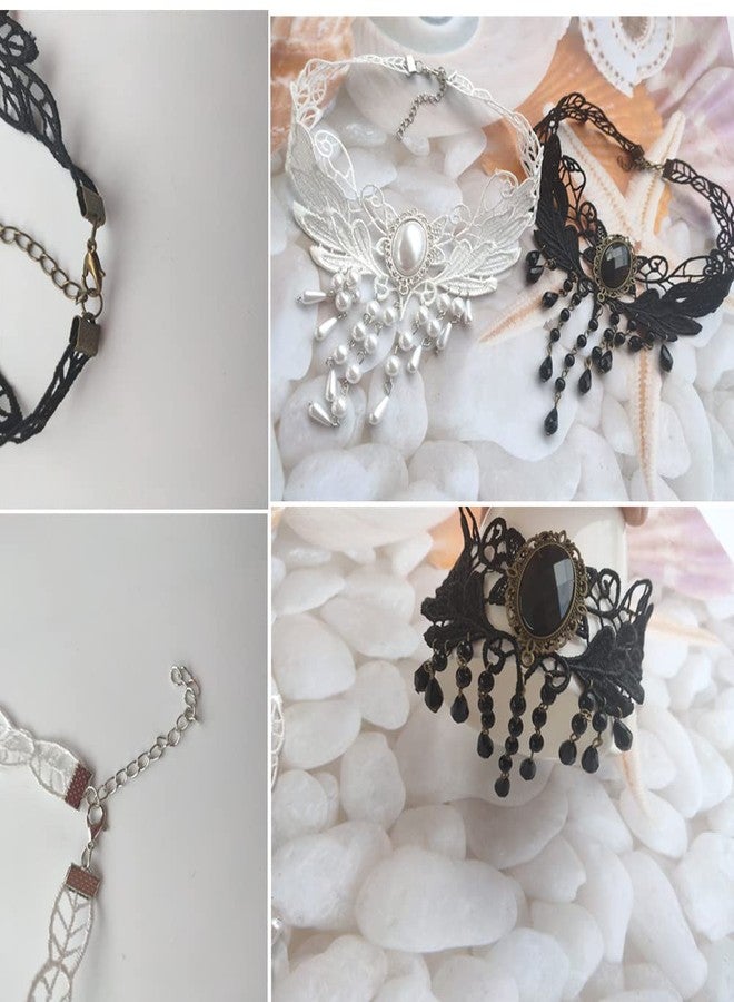 جيلوكيبو مجموعة جيلوكيبو من قطعتين، أسود وأبيض، بتصميم قطرة أنيقة، مستوحاة من الطراز القديم، بنمط أميرة، مزينة بالدانتيل، قوطية، بنمط قوطي، مع شرابة فيكتورية، وقلادة على شكل زهرة، وسلسلة عنق مصاص الدماء. - Image 4