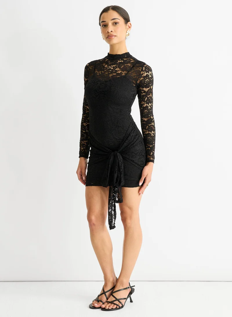 Gini London  Black Stretch Lace Tie Front Side Bodycon Mini Dress for Women | Best Price UAE