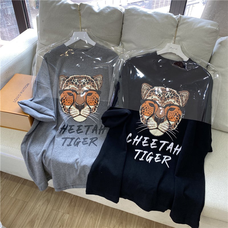 Summer 2024 New Arrival oversize Tiger Head Cartoon Printed Loose All-Match Cotton Short-Sleeved T-Shirt Trendy - Image 4