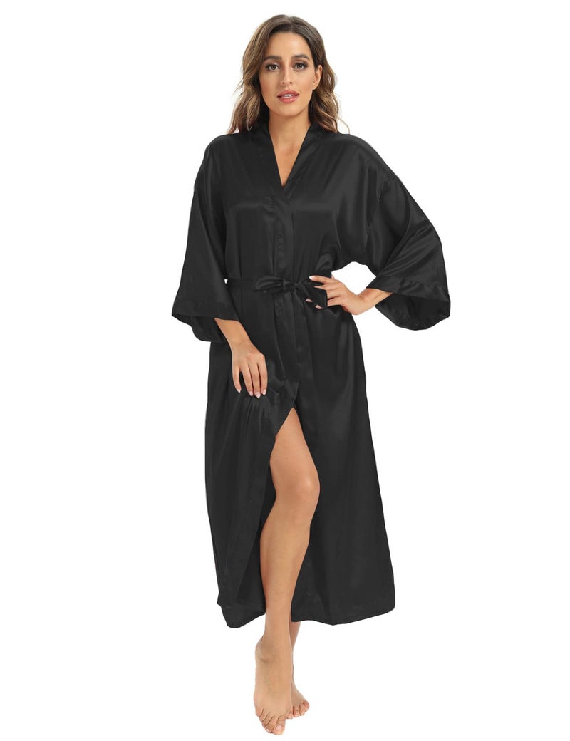 V Vaborous Women's Soft Plus Size Long Satin Robes Silk Full Length Lightweight Kimono Silky Dressing Gowns, Black, 2XL/3XL - Image 4
